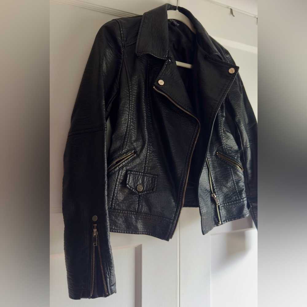 CoffeeShop Faux Black Leather Jacket with Gold Zippers - Picture 3 of 10